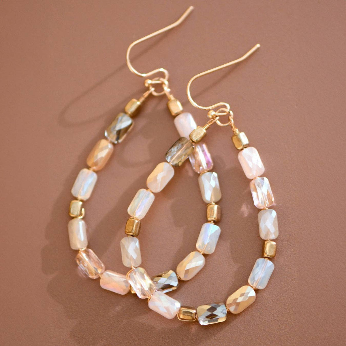 Teardrop Wire Beaded Glass Crystal Earrings