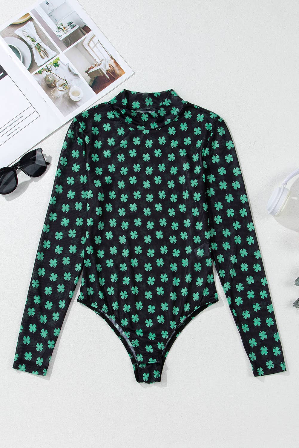 St Patrick Shamrock Mock Neck Long Sleeve Mesh Bodysuit
