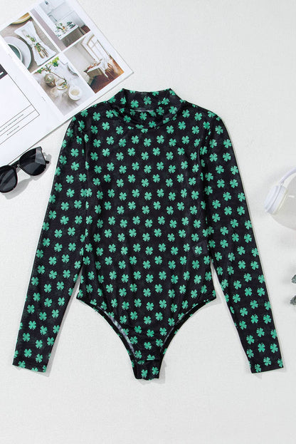 St Patrick Shamrock Mock Neck Long Sleeve Mesh Bodysuit