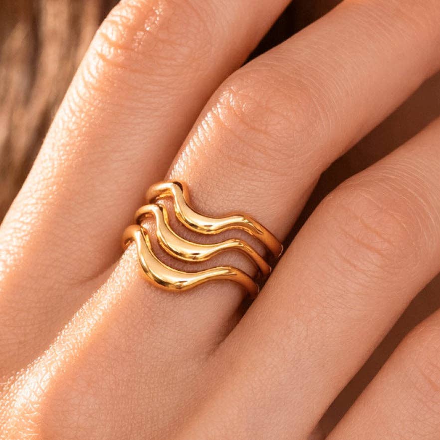 18K Gold Plated Waterproof Stainless Steel Wave Band Ring