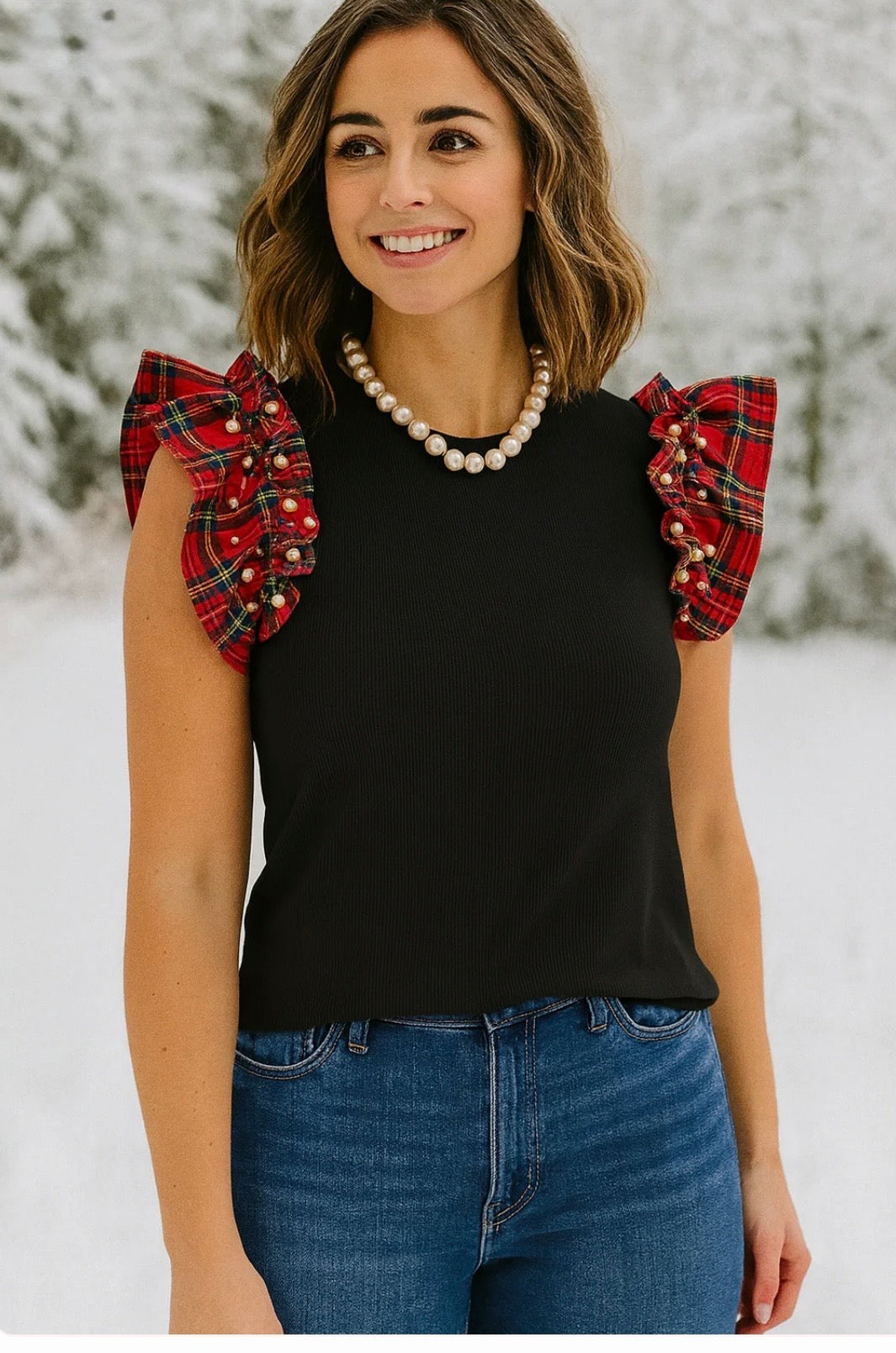 🎄 Holiday Pearl Plaid Ruffle Top 🎄