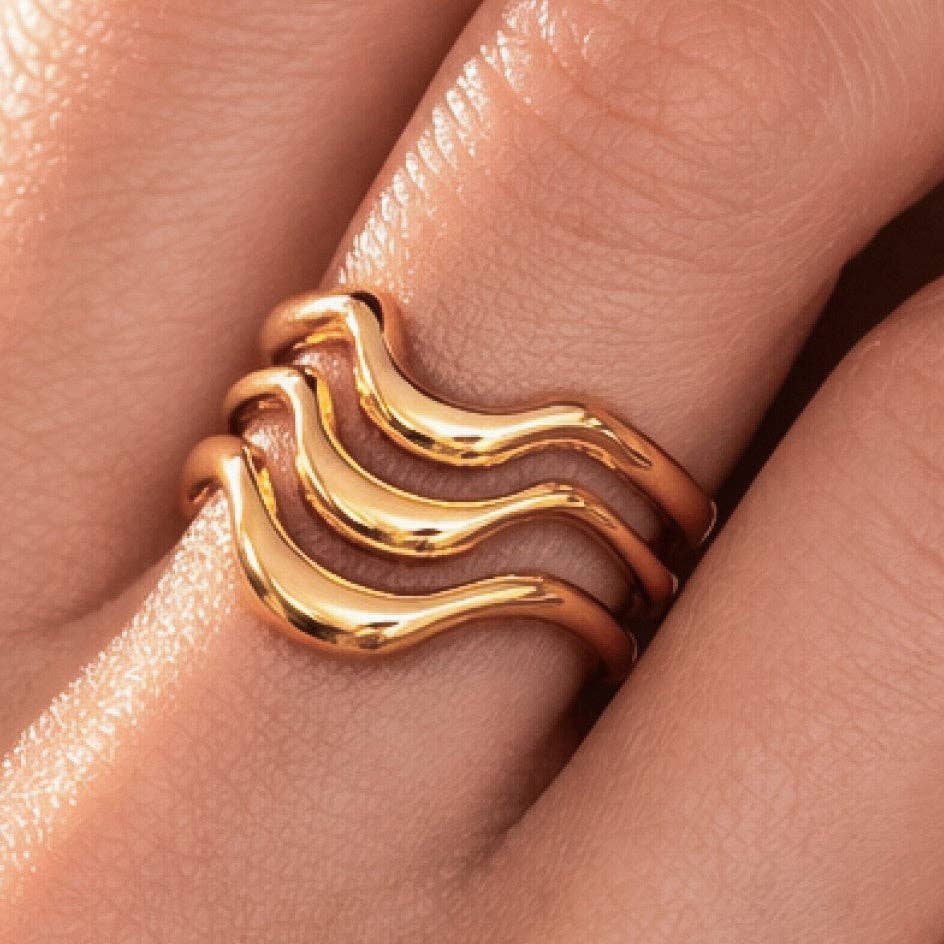 18K Gold Plated Waterproof Stainless Steel Wave Band Ring